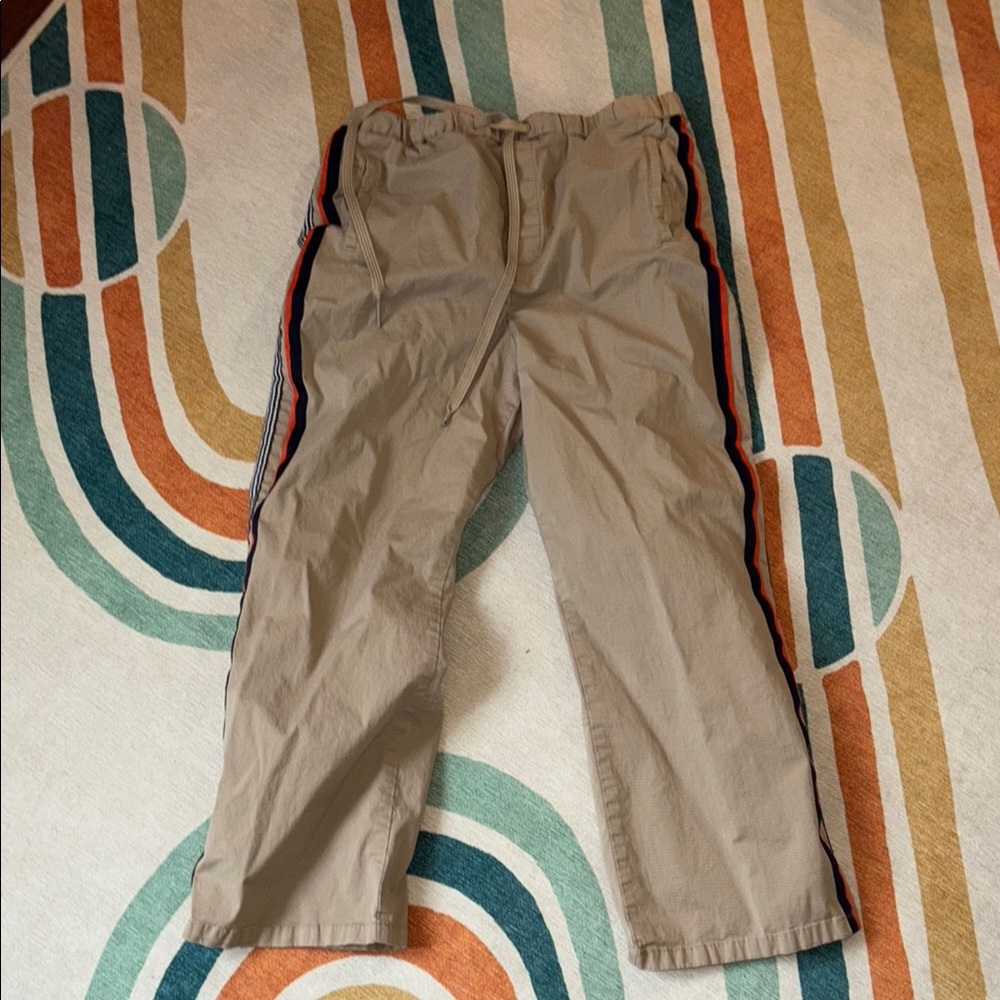 Anthropologie Tan Casual Drawstring Pants with Orange and Blue Striped Detail